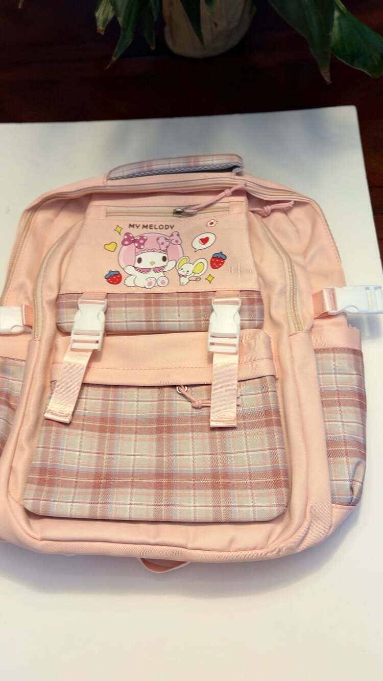 Sanrio NEW My Melody Pink Plaid Backpack Kawaii School Book Bag